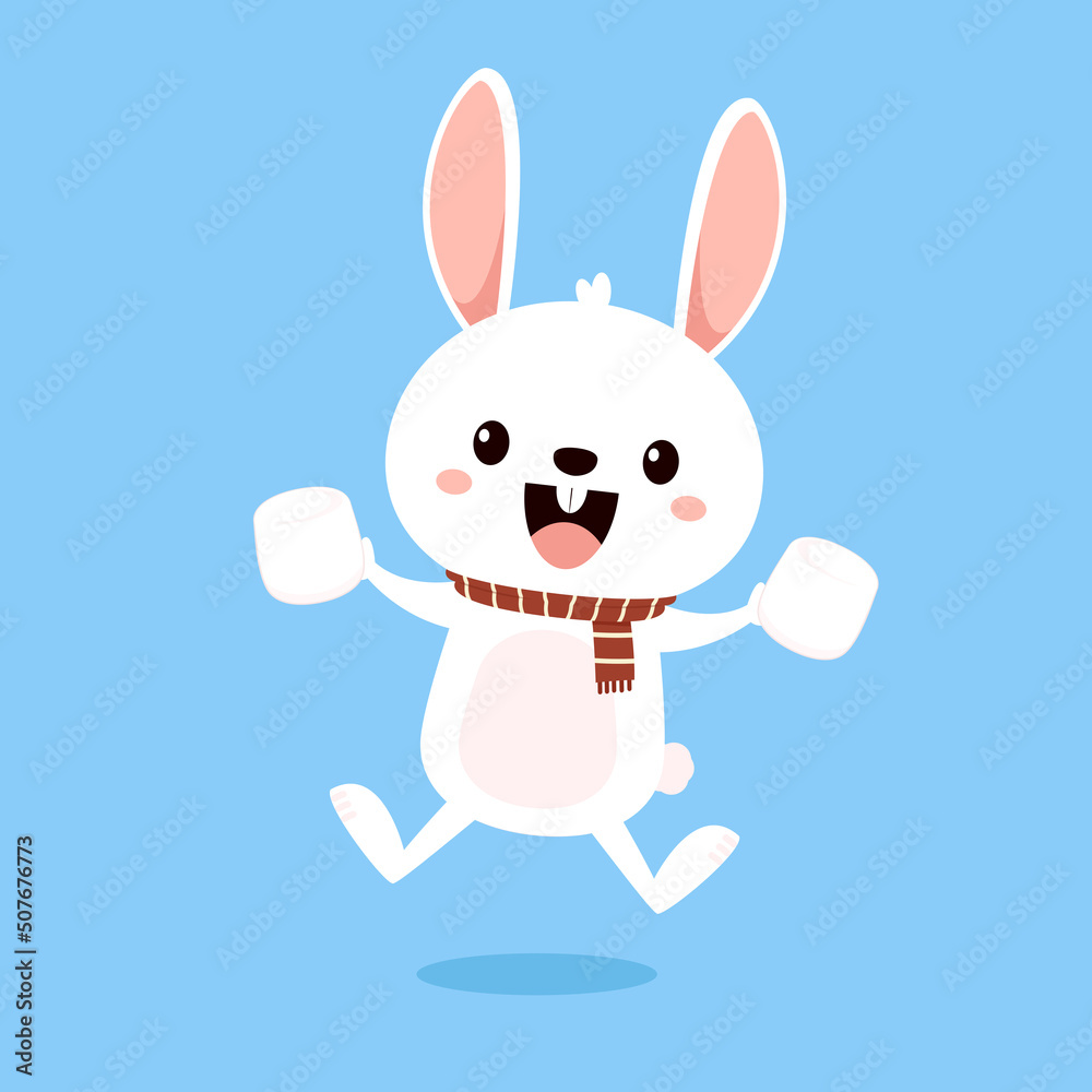 Kawaii bunny. Rabbit cartoon on blue background. White marshmallow vector. Kawaii bunny. Rabbit cartoon on blue background. White marshmallow vector.