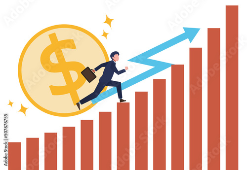 駆け上る会社員とお金　ビジネス　人物　フラットイラスト　Increased employee performance