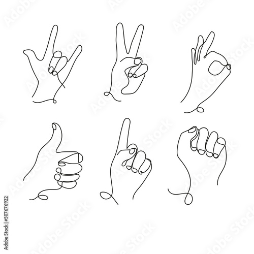 Hands line art, silhouettes of hands, peace sign, thumbs up, one line drawing