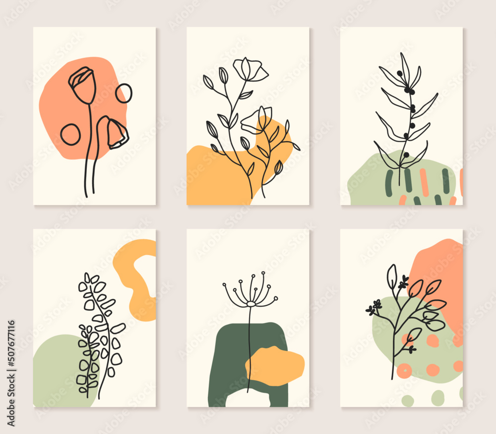 Fototapeta premium Botanical art. Abstract organic vector shapes, leaves, plants. Set of natural templates, covers, posters, greeting cards, frames, backgrounds in doodle style