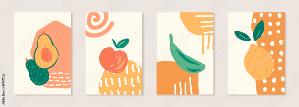 Abstract shape arts vector illustrations background with summer fruit design. Set of natural templates, covers, posters, greeting cards, frames, backgrounds in doodle style
