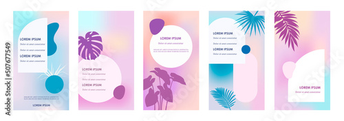 Set of modern summer templates for stories, banners, flyers, posters, web pages. Mobile background design in tropical style. vector illustration. Abstract shapes, lines and spots.