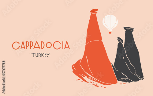 Stone cliffs and a flying balloon in the Cappadocia region. Tourist attraction of Turkey. Design elements for souvenir products. Vector illustration isolated.