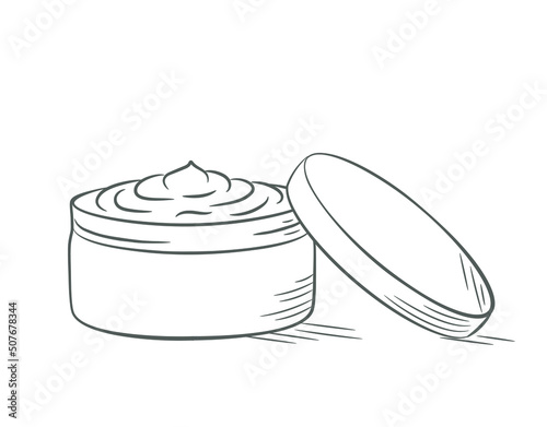 Cream in a jar with a lid. Doodle sketch style. Line drawing cream simple icon. Isolated vector illustration.