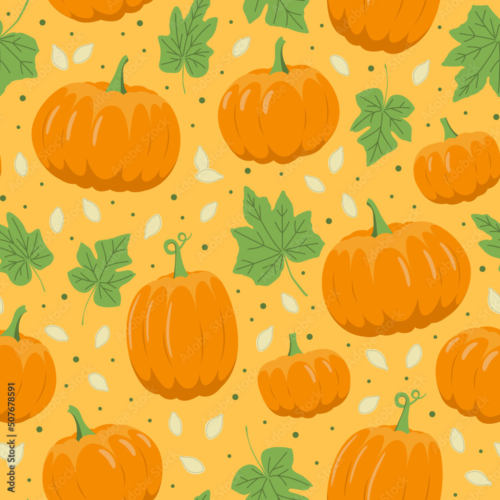 pumpkin seamless pattern on orange background. Pumpkin, leaves, seeds. Flat, vector