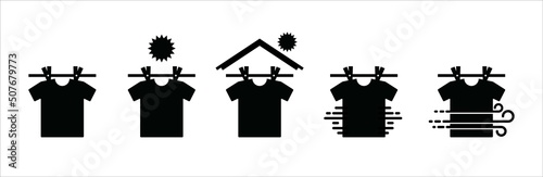 Clothesline icon set. Laundry clothes drying line vector icons set. Clothes drying instruction illustration. Direct under the sun and under the shade.