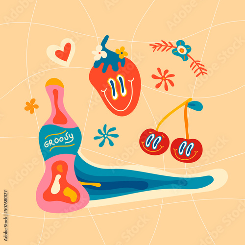 Groovy funky poster, stickers of the 70s. Retro poster with a slogan in the hippie style, good vibes, postcard template. Cartoon style illustrations, hippie bottle, crazy strawberries and cherries