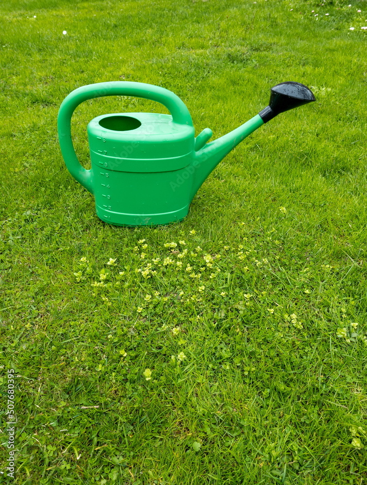 A large green plastic watering can for watering garden plants stands on a green lawn. Gardening in summer. A large green plastic watering can for watering garden plants stands on a green lawn. Gardening in summer.