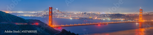 Golden Gate Bridge Panorma At Night San Francisco California