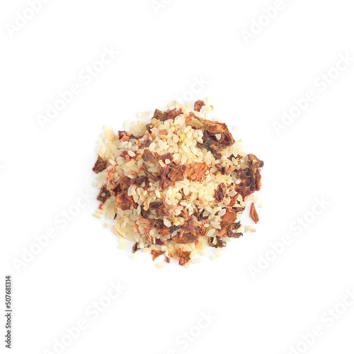 Top view of heap of rice, spices and dried vegetables for pilaf