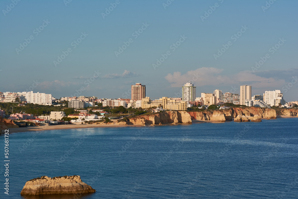 Beautiful view of the Portimao littoral from the cape. Algarve coast, Portugal