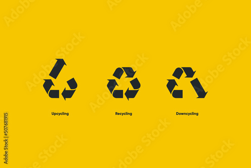 Recycling, Upcycling, and Downcycling Vector Icon Set.