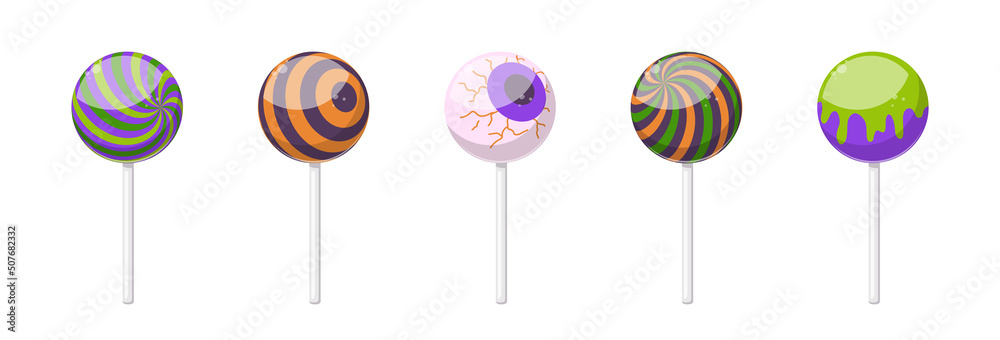Halloween sweet lollipops, round hard sugar candies on stick. Vector cartoon set of caramel suckers with swirly patterns, bonbon on stick with pattern of stripes, eyeball and drips