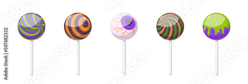 Halloween sweet lollipops, round hard sugar candies on stick. Vector cartoon set of caramel suckers with swirly patterns, bonbon on stick with pattern of stripes, eyeball and drips