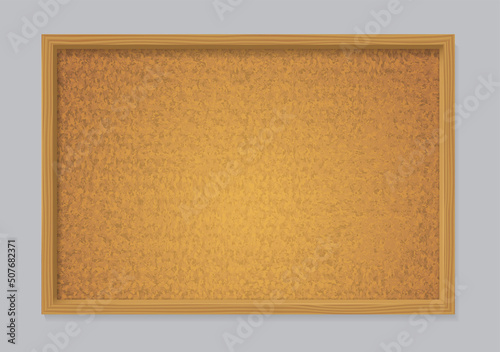 Cork bulletin board with wooden frame. Blank brown noticeboard for notes, posts, messages, news and tasks. Vector realistic empty cork plank with wood border