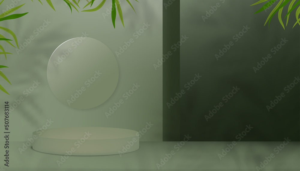 Studio room backdrop with 3D podium display, palm leaf shadow on green wall background,Vector illustration banner stand cube mockup, Minimal style for Spring,Summer product presentation or sale Studio room backdrop with 3D podium display, palm leaf shadow on green wall background,Vector illustration banner stand cube mockup, Minimal style for Spring,Summer product presentation or sale