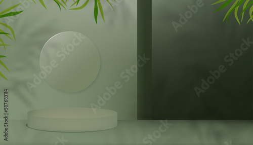 Studio room backdrop with 3D podium display, palm leaf shadow on green wall background,Vector illustration banner stand cube mockup, Minimal style for Spring,Summer product presentation or sale