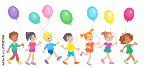 Funny kids of different nationalities are walking with colorful balloons in their hands. In cartoon style. Isolated on white background. Vector flat illustration.