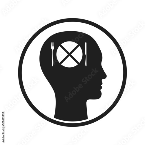 Circle icon of human silhouette profile with crossed out plate in head - metaphor of eating disorders. Poster of anorexia nervosa, bulimia and other eating disorders.