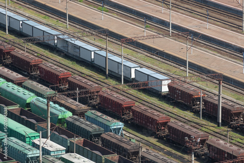 .Freight wagons stand at the railway station, top view