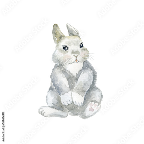 Watercolor bunny on white background. Easter Card. photo