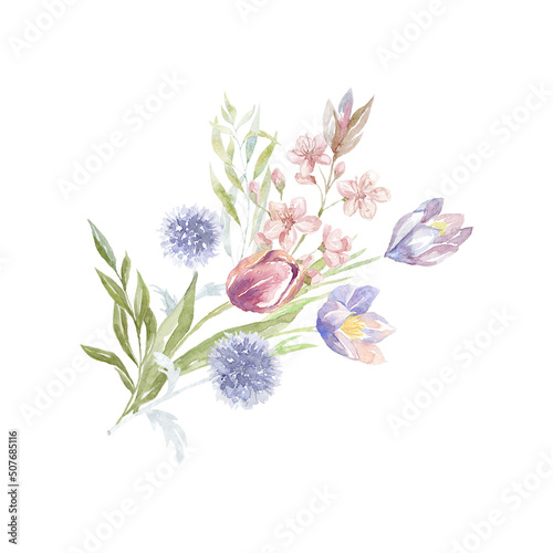 Watercolor bouquet with spring flowers.