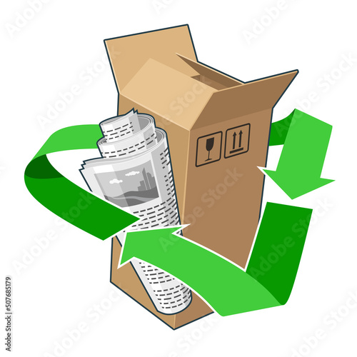 Green recycling symbol with newspaper roll and cardboard box inside. Concept of waste management and environmental protection. Vector isolated 3d cartoon style illustration.