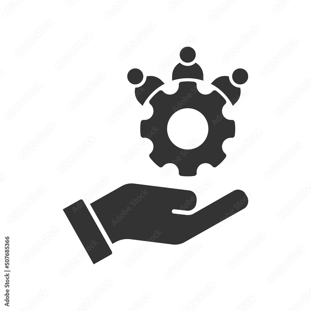 Man and gear on a hand. Teamwork management icon. Business team. Flat vector illustration. Man and gear on a hand. Teamwork management icon. Business team. Flat vector illustration.