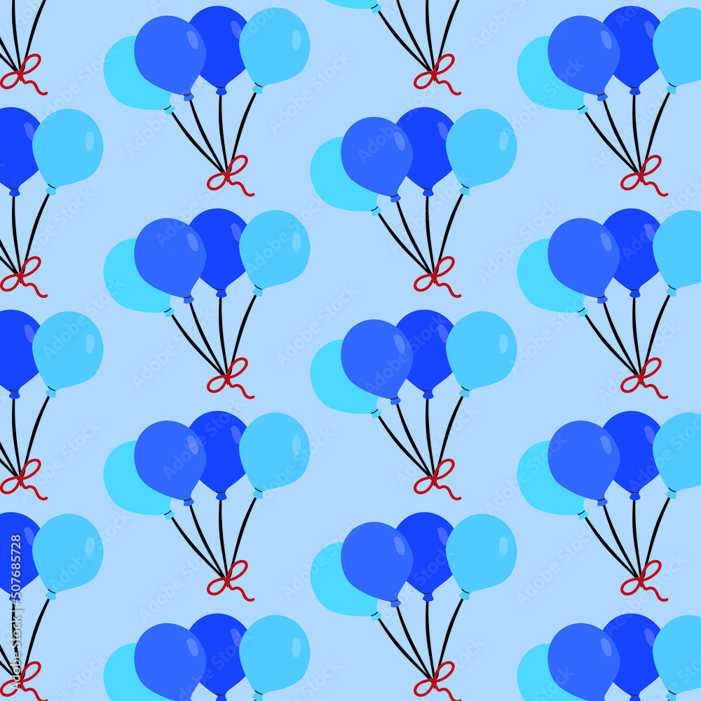 Seamless pattern with ballons flying in a baby blue background.  Vector illustration for birthday abd celebrations, wrapping paper, print, poster and wallpapers.  