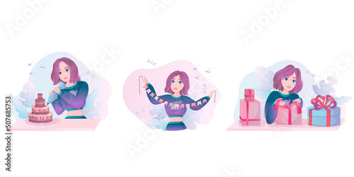 People are preparing for a birthday party and celebrating with garlands, balloons, champagne, cake, and gift boxes. Preparation for the holiday. Vector illustration isolated on white background.