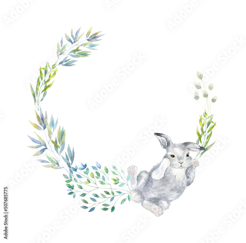 Fotomurale Watercolor bunny with florals. Easter Card.