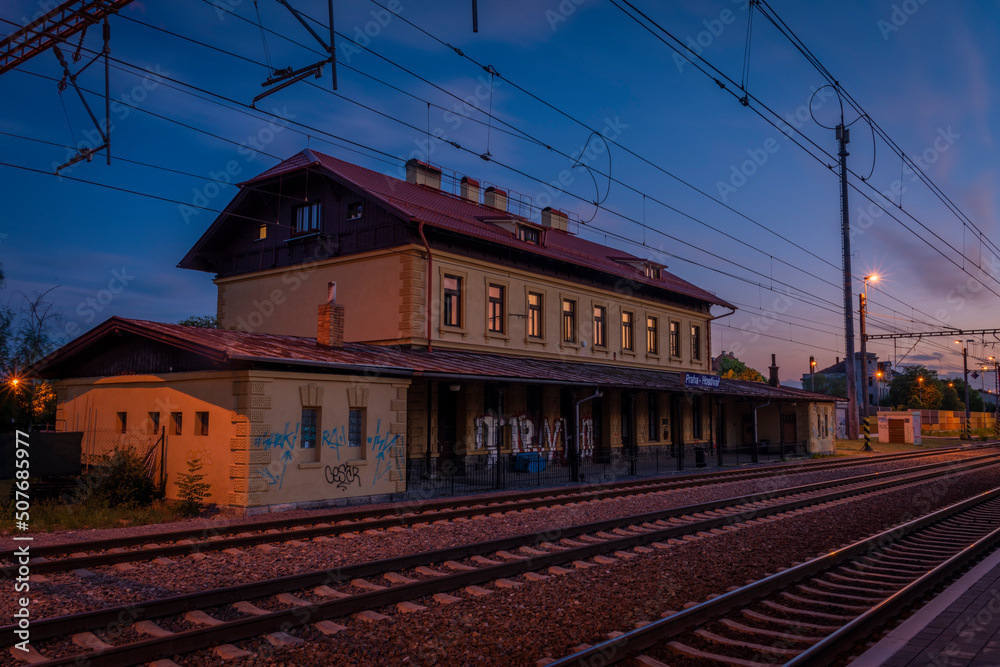 Hostivar station in Prague with sunset color evening