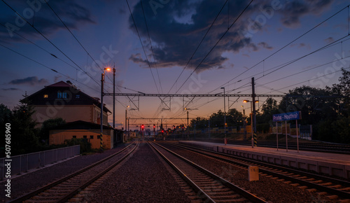 Photography Hostivar station in Prague with sunset color evening