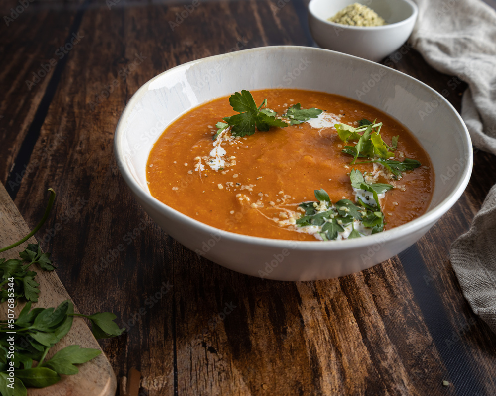Red lentil tomato soup, healthy vegan dish Red lentil tomato soup, healthy vegan dish