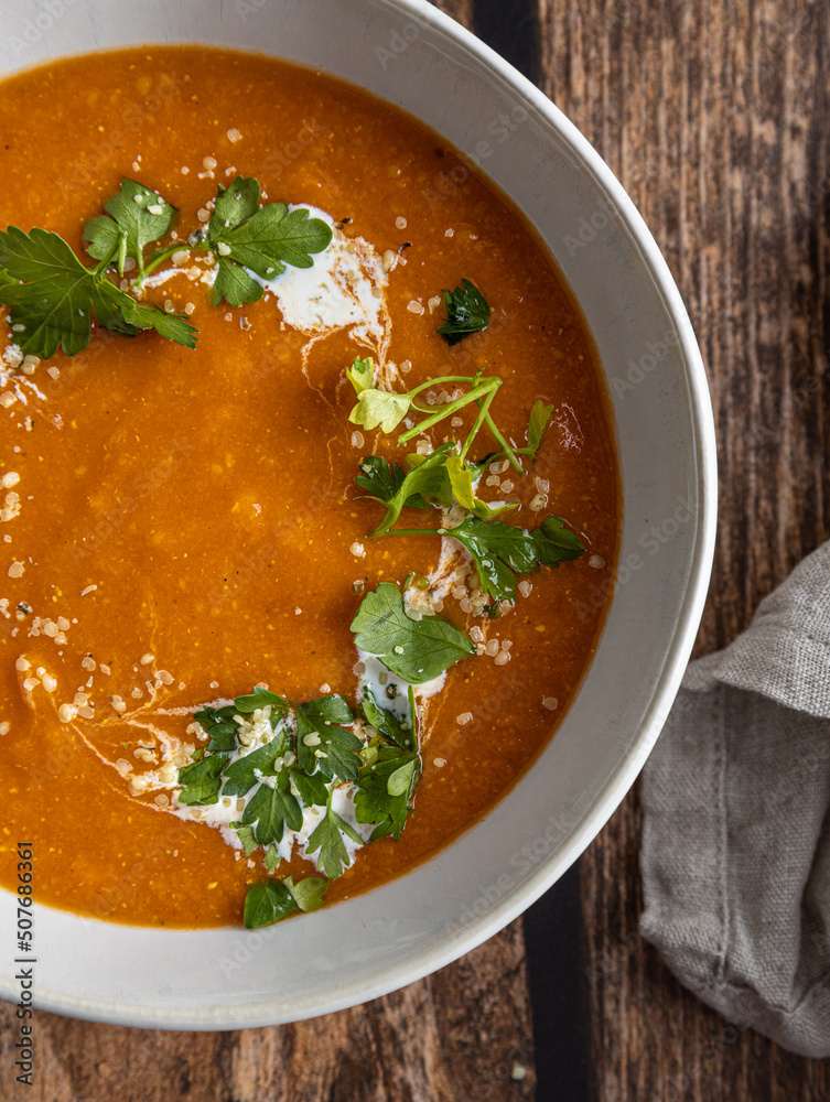 Red lentil tomato soup, healthy vegan dish Red lentil tomato soup, healthy vegan dish
