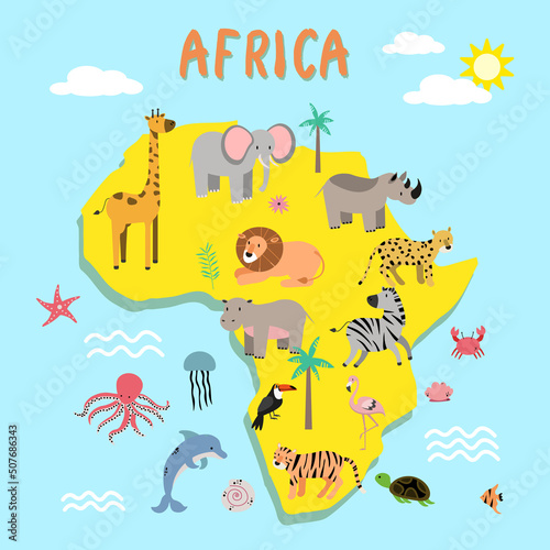 Africa mainland cartoon map with local fauna. Cute african animals flat vector. Savannah predator. Desert species. Jungle wildlife. Atlantic ocean. Nature concept for children book illustrating EPS