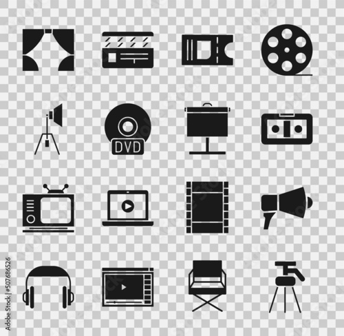 Set Tripod, Megaphone, VHS video cassette tape, Cinema ticket, CD or DVD disk, Movie spotlight, Curtain and Projection screen icon. Vector