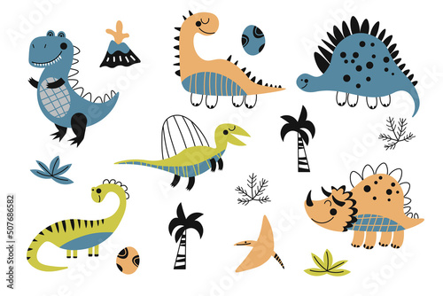 Set of dinosaur. Collection of cartoon dinosaurs. Vector illustration of prehistoric animals for children. Drawing for children. EPS
