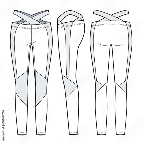 Girl's Leggings pants fashion flat sketch template. Women's cutout Leggings fashion flat cad. Sports Wear fashion design set.