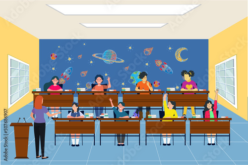 Students sitting in the classroom with her teacher and raising their hands up to give the answers. Flat vector illustration.