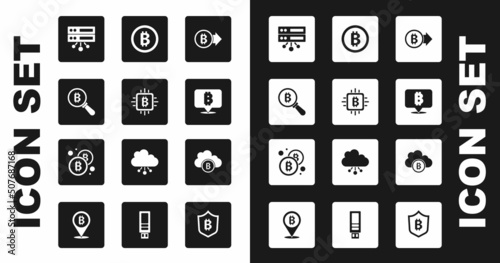 Set Bitcoin, CPU mining farm, Magnifying glass with, Server, Cryptocurrency cloud and icon. Vector