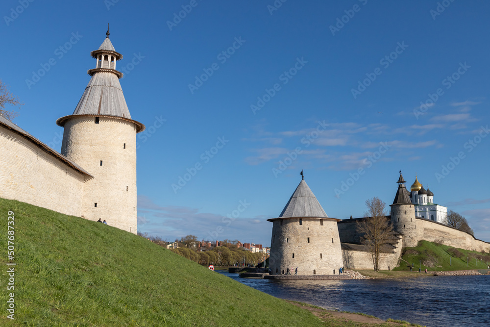 Kremlin of Pskov, Russian Federation. Stone towers and walls