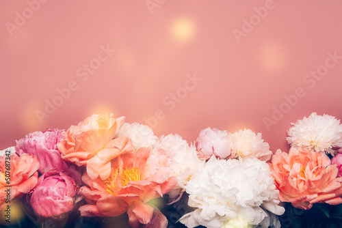 Abundance of Fresh bunch of Peonies Bouquet of different pink colors on pink background. Card Concept, copy space for text
