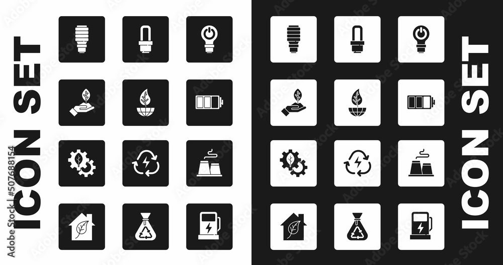 Set Light bulb with lightning, Earth globe and leaf, Plant hand, LED, Battery, Factory and Leaf plant gear machine icon. Vector Set Light bulb with lightning, Earth globe and leaf, Plant hand, LED, Battery, Factory and Leaf plant gear machine icon. Vector