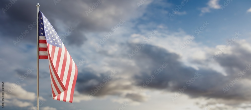 USA flag on pole, cloudy sky background, banner. National America Holiday template. 3d render - obrazy, fototapety, plakaty 
