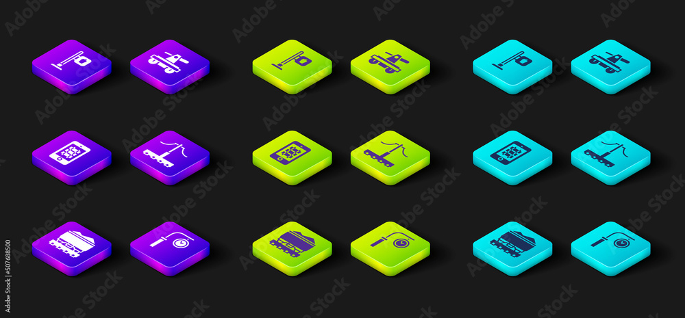 Set Coal train wagon, Train station clock, Buy ticket online, Railway, Draisine or handcar and Cafe restaurant location icon. Vector