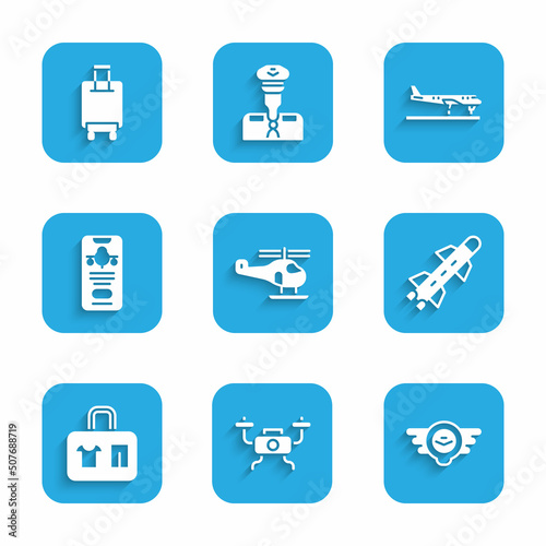 Set Helicopter, Drone flying, Aviation emblem, Rocket, Suitcase, Mobile with ticket, Plane and icon. Vector