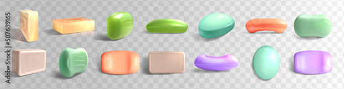 3d vector realistic colorful solid soap bars. Cosmetic product for hygienic cleanser skincare and washing hands mock up top and side view isolated on transparent background. Hygiene toiletries ad.