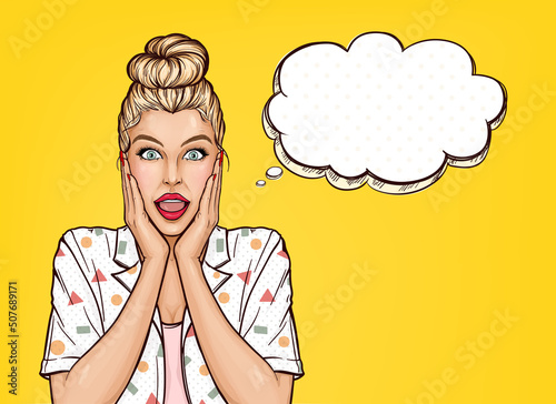 Vector pop art surprised fashion girl with speech bubble. Beautiful young woman with amazed face and open mouth on yelllow background. Advertising poster for advertising discounts, sales or discounts.