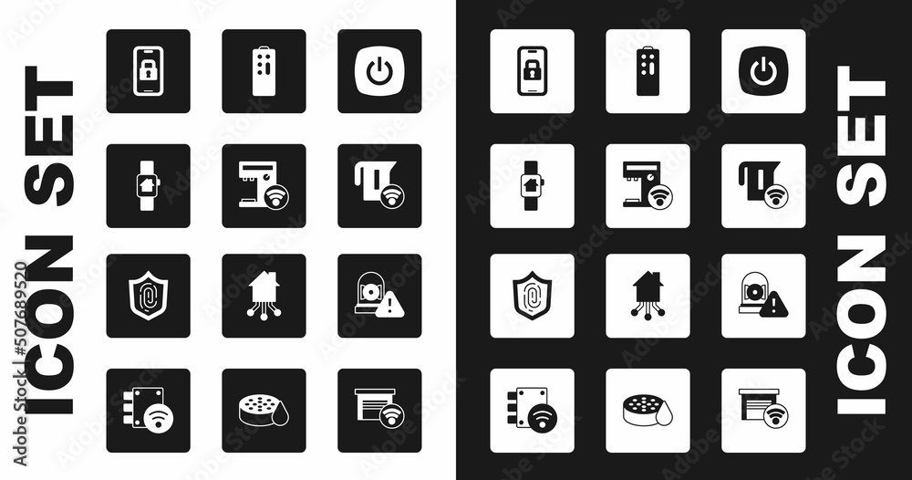 Set Smart home, coffee machine, with smart watch, Digital door lock, electric kettle, Remote control, Ringing alarm bell and Fingerprint icon. Vector Set Smart home, coffee machine, with smart watch, Digital door lock, electric kettle, Remote control, Ringing alarm bell and Fingerprint icon. Vector